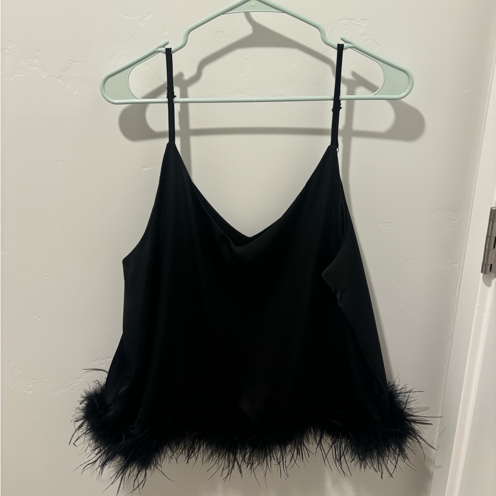 Black tank top with feather trim
